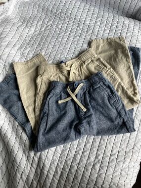 Kids Drawstring linen cotton blend pants - Blue and Beige